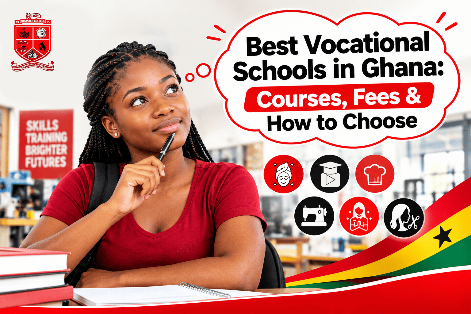 Smiling student holding a pen to her chin, thinking, with icons for vocational courses beside her.