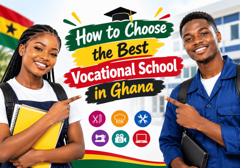 Two smiling students pointing at "How to Choose the Best Vocational School in Ghana" text with course icons between them.