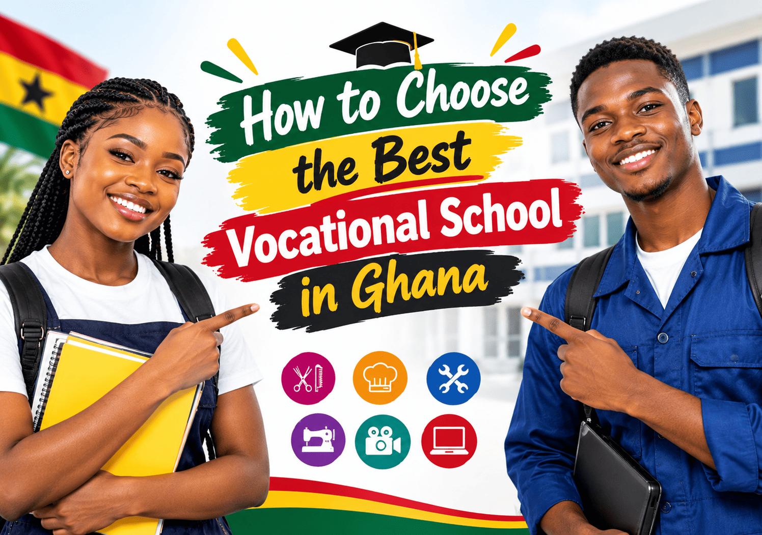 Two smiling students pointing at "How to Choose the Best Vocational School in Ghana" text with course icons between them.