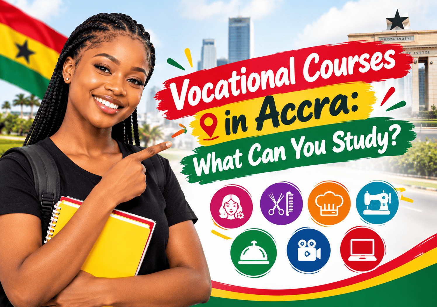 Smiling student pointing at "Vocational Courses in Accra" text above icons for beauty, hairdressing, catering, tailoring, and more.